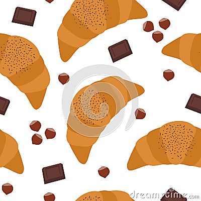 Seamless pattern Croissant with chocolate and nuts vector illustration. Stock Photo